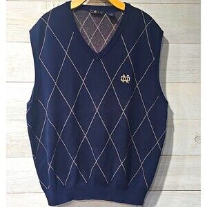 Notre Dame Fighting Irish Sweater Vest Mens XL Navy Blue Gold Argyle Knit Golf